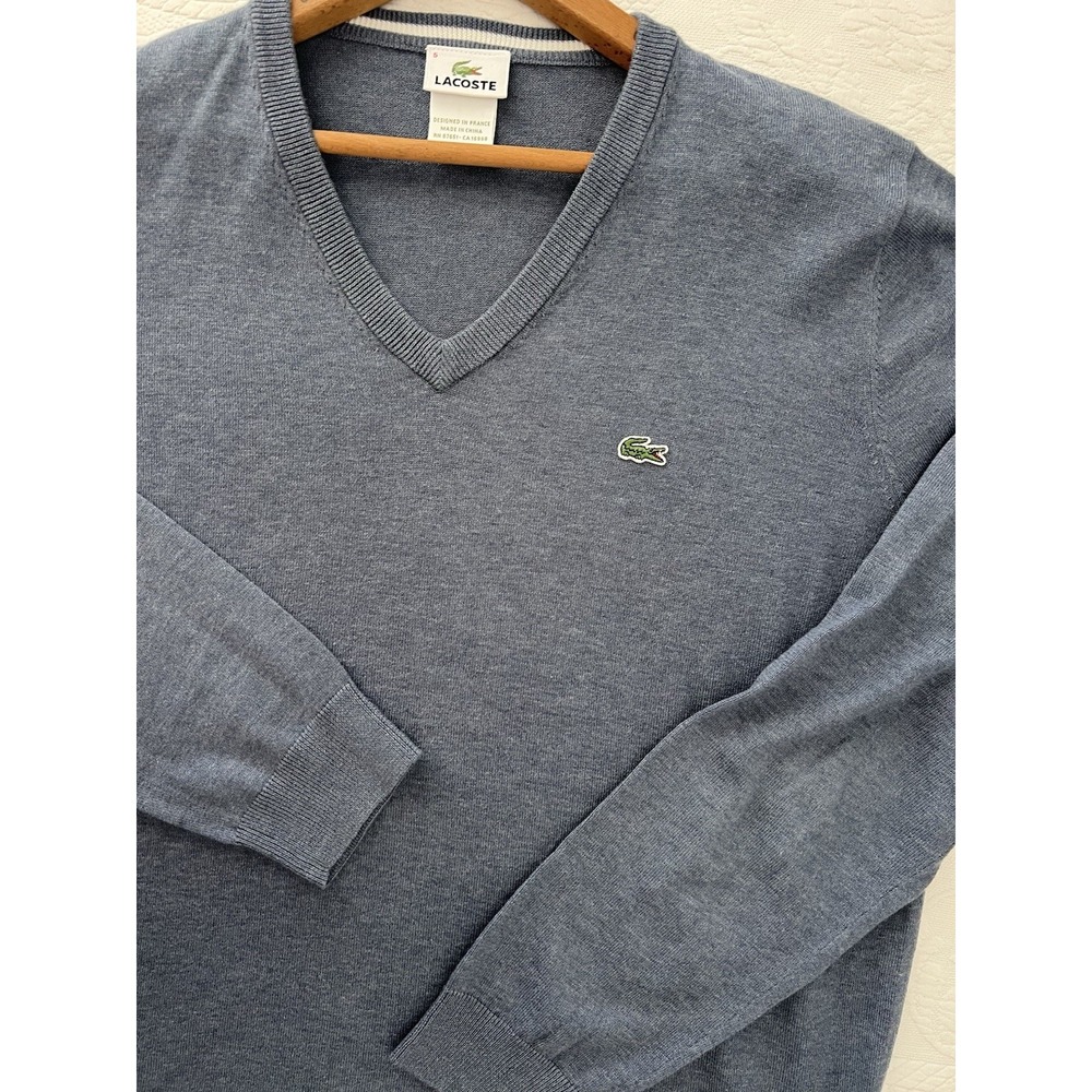 Lacoste V Neck Sweater Mens L Gray 100% Cotton Knit Pullover Crocodile Logo